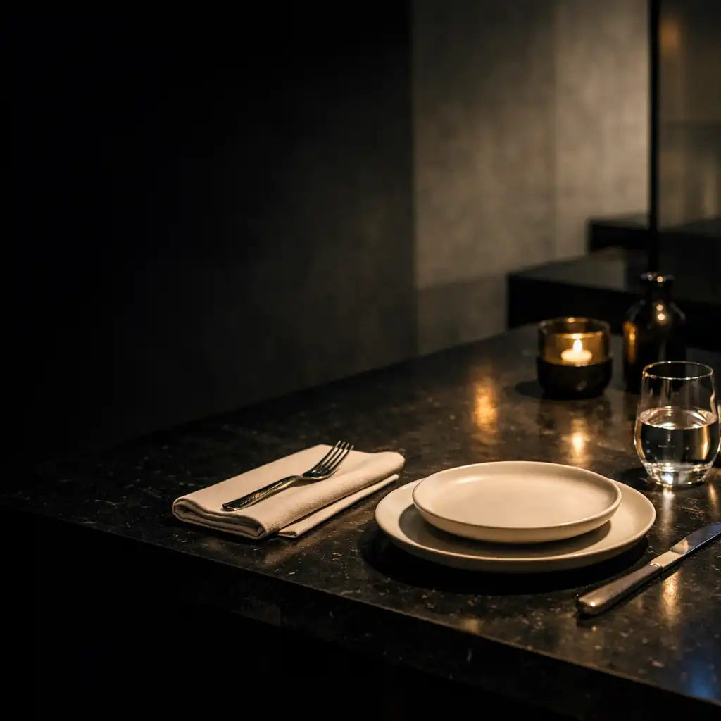 Ruhig gedeckter Tisch mit Keramik und Glas im dunklen Abendlicht