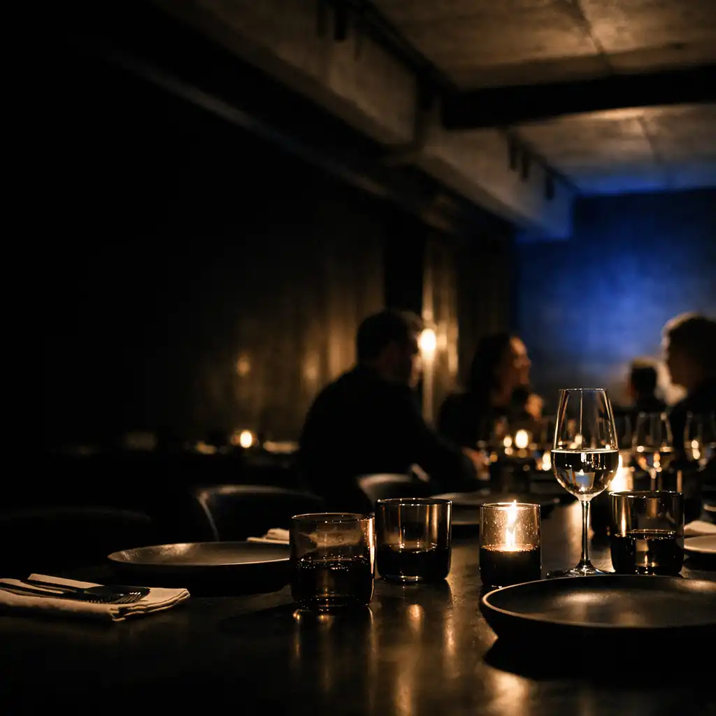 Langer gedeckter Tisch im dunklen Restaurantraum mit Beton, Rauchglas und gedämpftem Licht