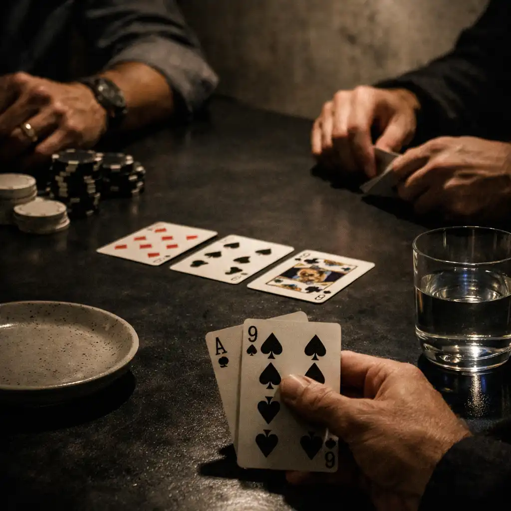 Hände an einem dunklen Tisch mit Karten, dezenten Chips, Keramik und Wasserglas