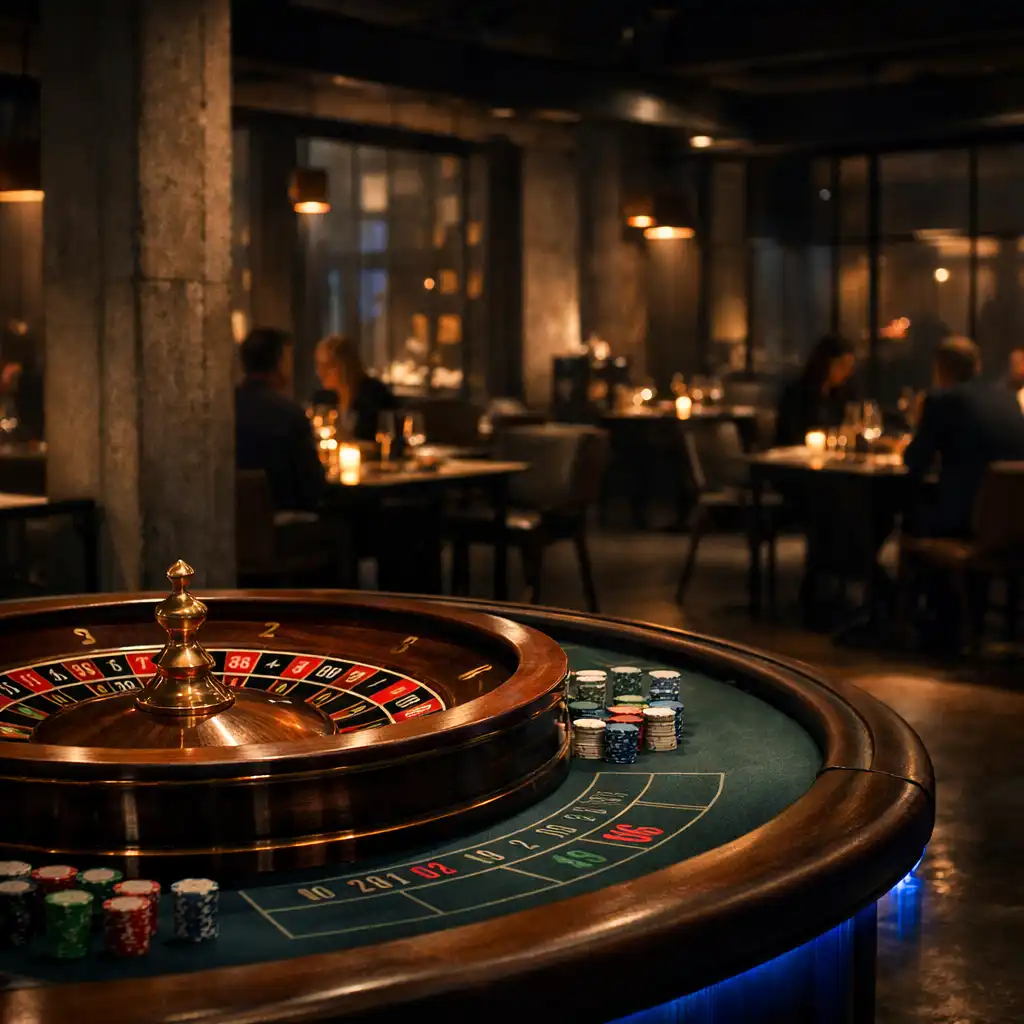 Eleganter runder Roulette-Tisch als Teil eines dunklen Restaurantinterieurs mit gedeckten Tischen