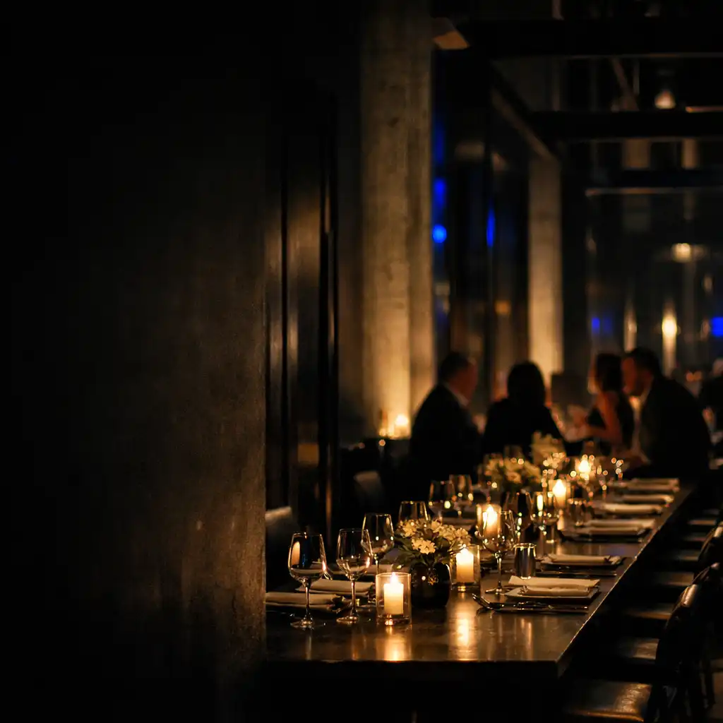 Nächtliches Restaurantinterieur mit gedeckten Tischen, Beton, Stahl und Gästen im Gespräch