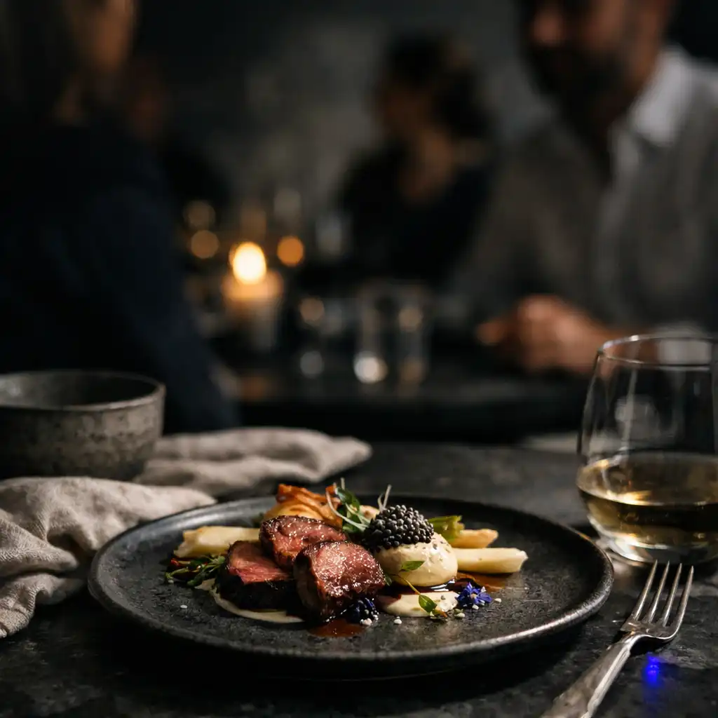 Angerichteter Teller auf dunklem Steintisch bei einem Restaurantabend
