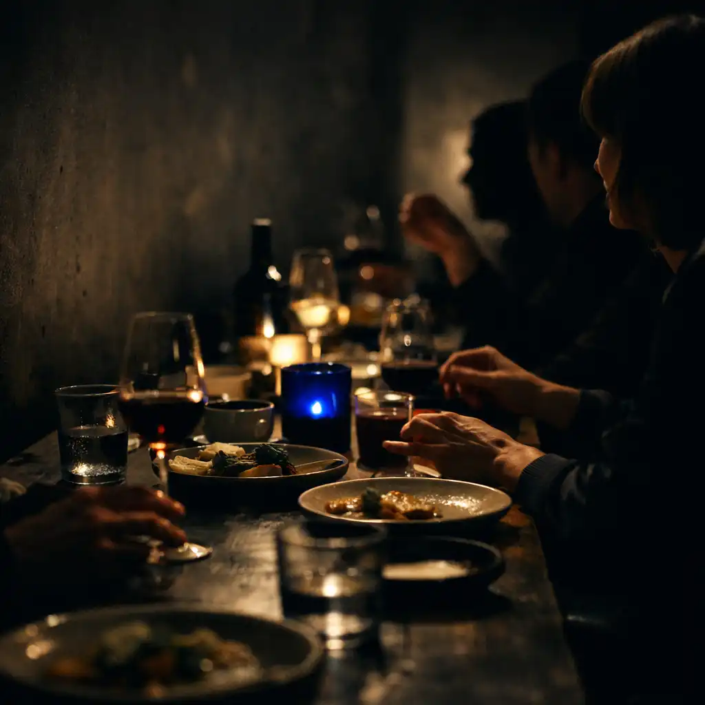 Langer Abendtisch mit Geschirr, Gläsern und beiläufigen Gästesilhouetten im LOKALVEXEN