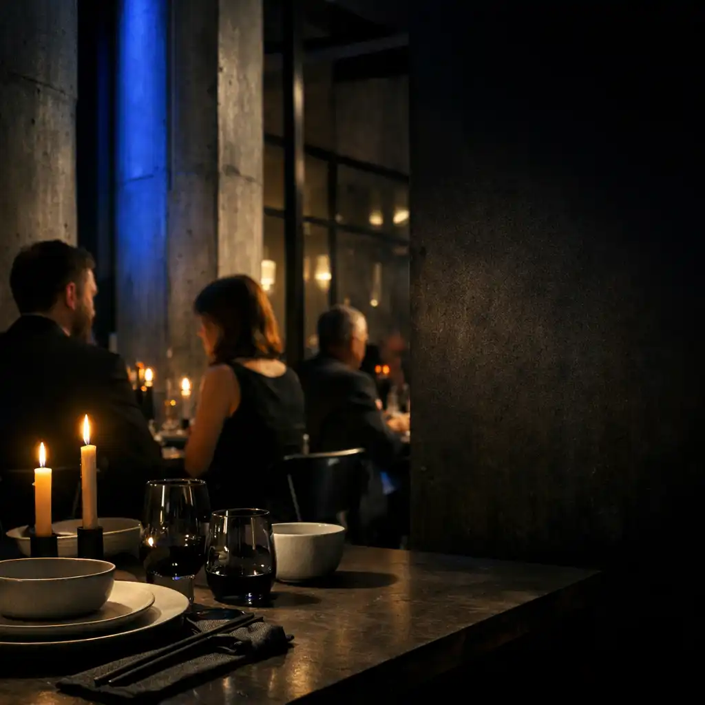 Gedeckter Tisch in einem dunklen Berliner Restaurant mit Beton, Stahl und kobaltblauem Lichtakzent
