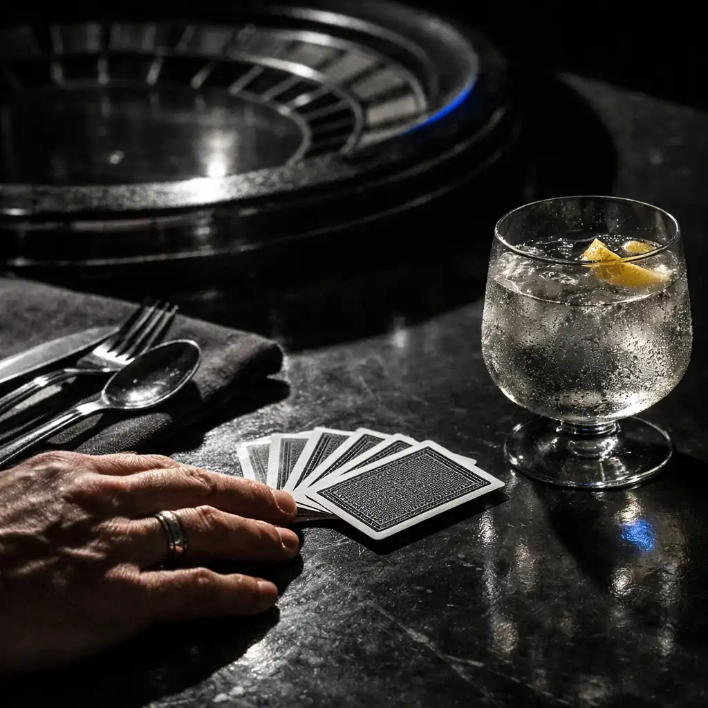Hand, Kartenkante und Cocktail auf einem dunklen Restauranttisch nach dem Dinner