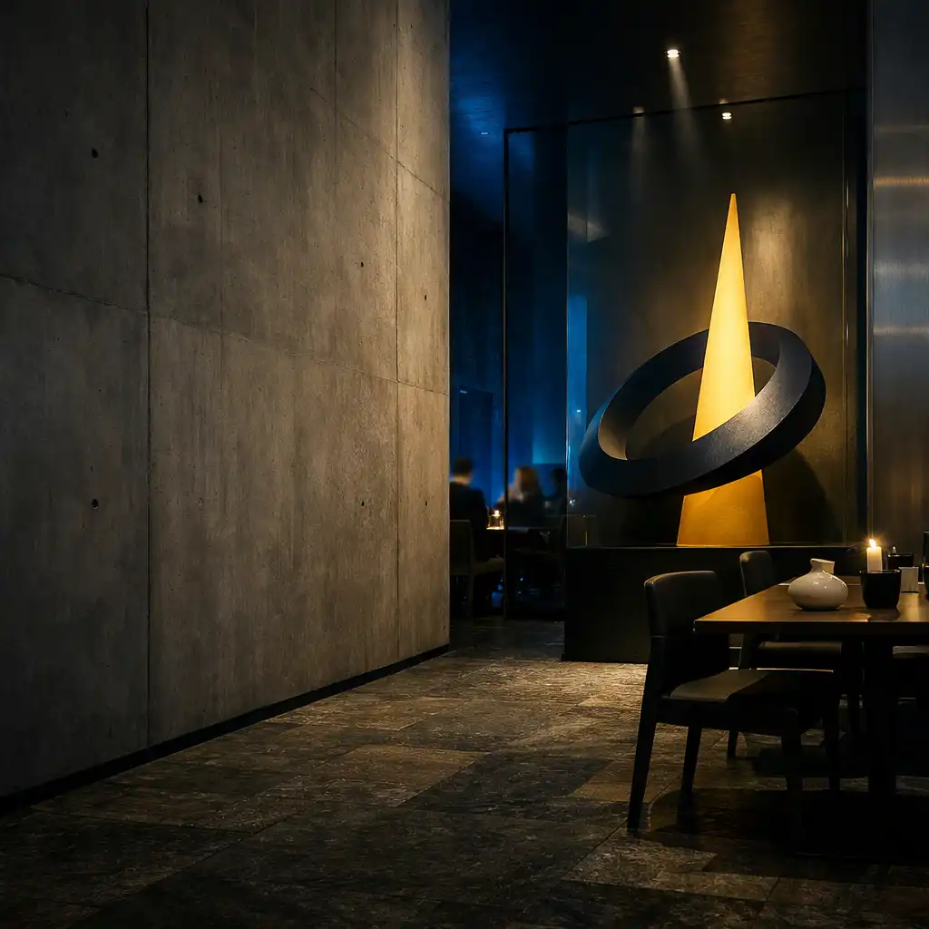 Betonwand, dunkler Stahl, Rauchglas und gedeckte Tische im nächtlichen Dining Room