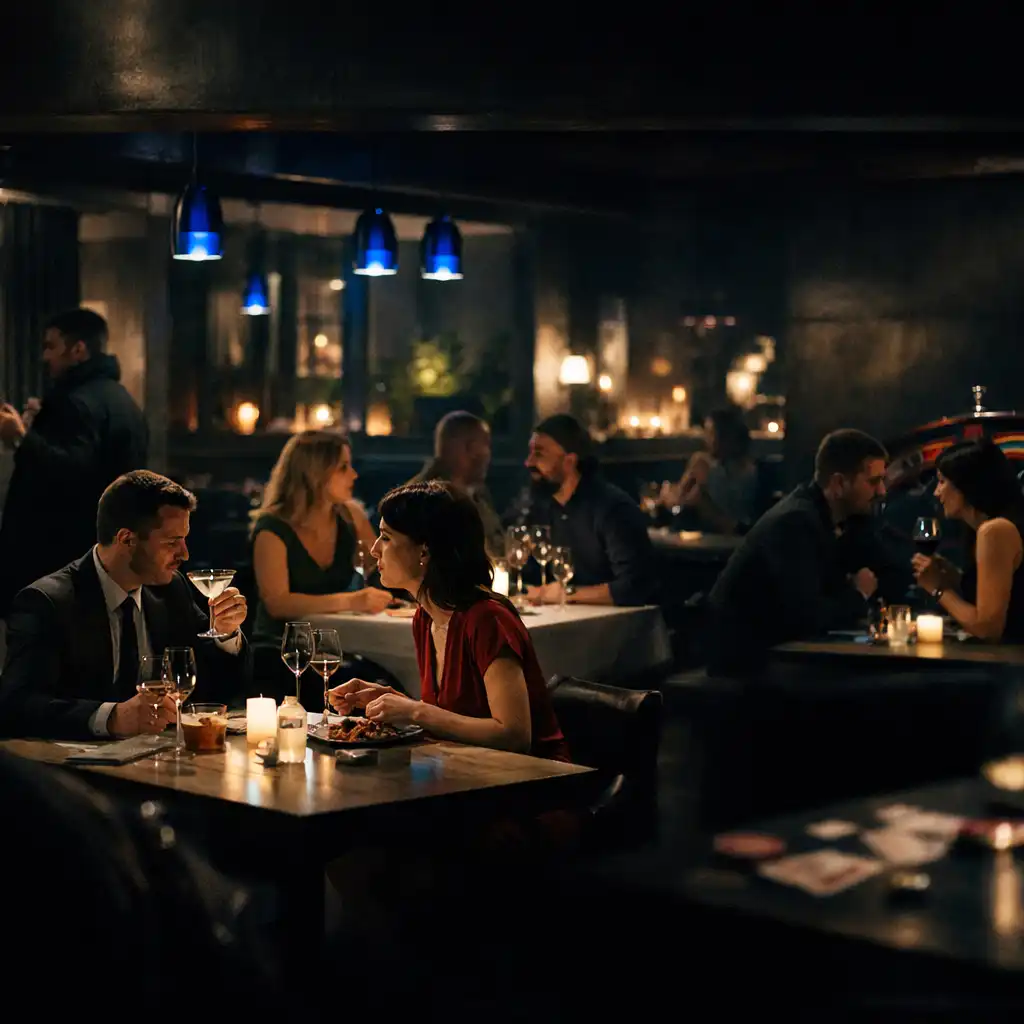 Gäste kommen in einem abendlich beleuchteten Restaurant an