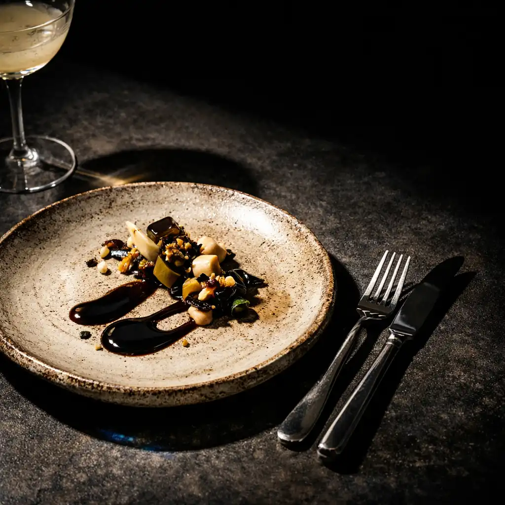 Kunstvoll komponierter Teller auf einem dunklen Restauranttisch mit angeschnittenem Cocktailglas