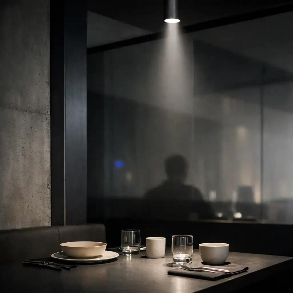 Gedeckter Tisch vor Betonwand und Stahlkante im abendlichen Restaurantlicht