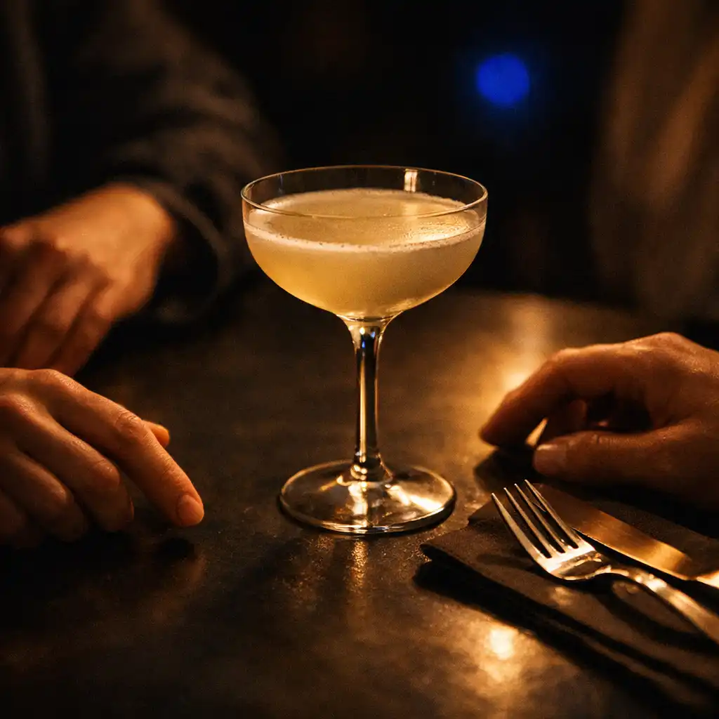 Hände, Cocktailglas und Besteck an einem dunklen Restauranttisch