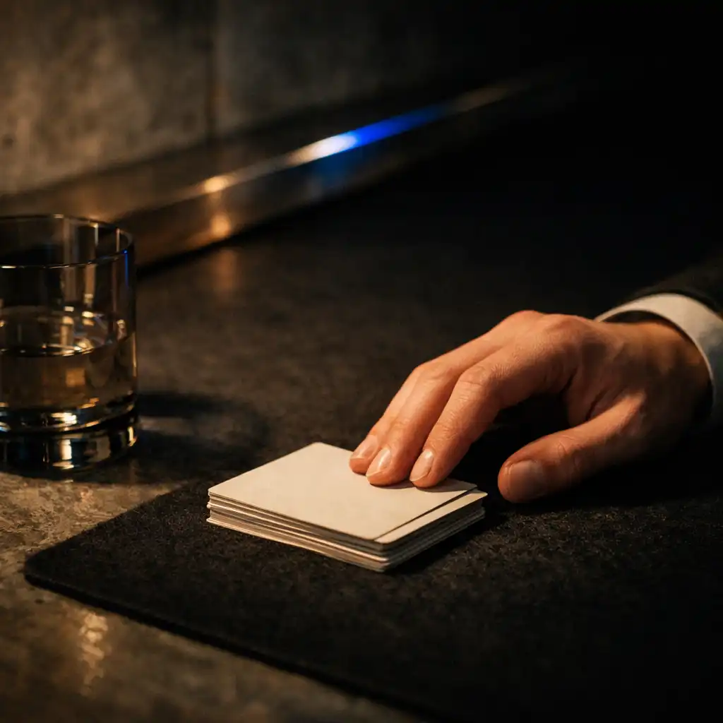 Hand an neutralen Spielkarten neben dunklem Filz und Wasserglas auf einem Restauranttisch