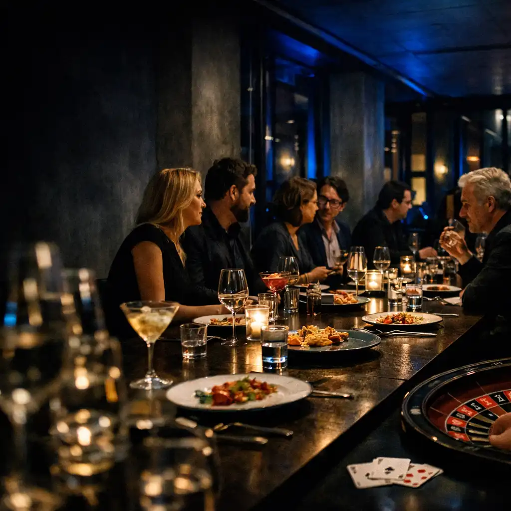 Abendlicher Blick in den Restaurantbereich von LOKALVEXEN mit gedecktem Tisch, Gästen und Cocktails