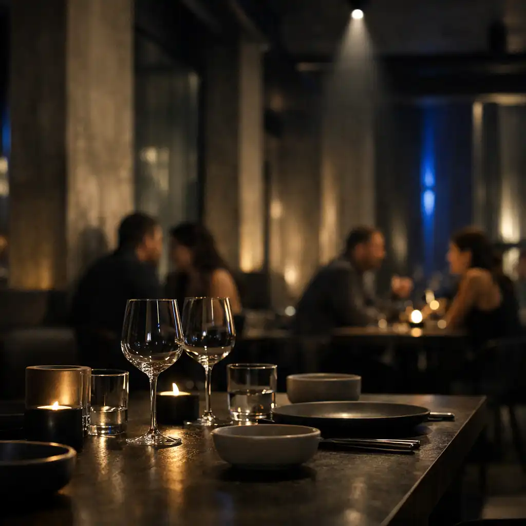 Abendliche Tischatmosphäre im Berliner Restaurant mit Beton, Stahl und gedimmtem Licht