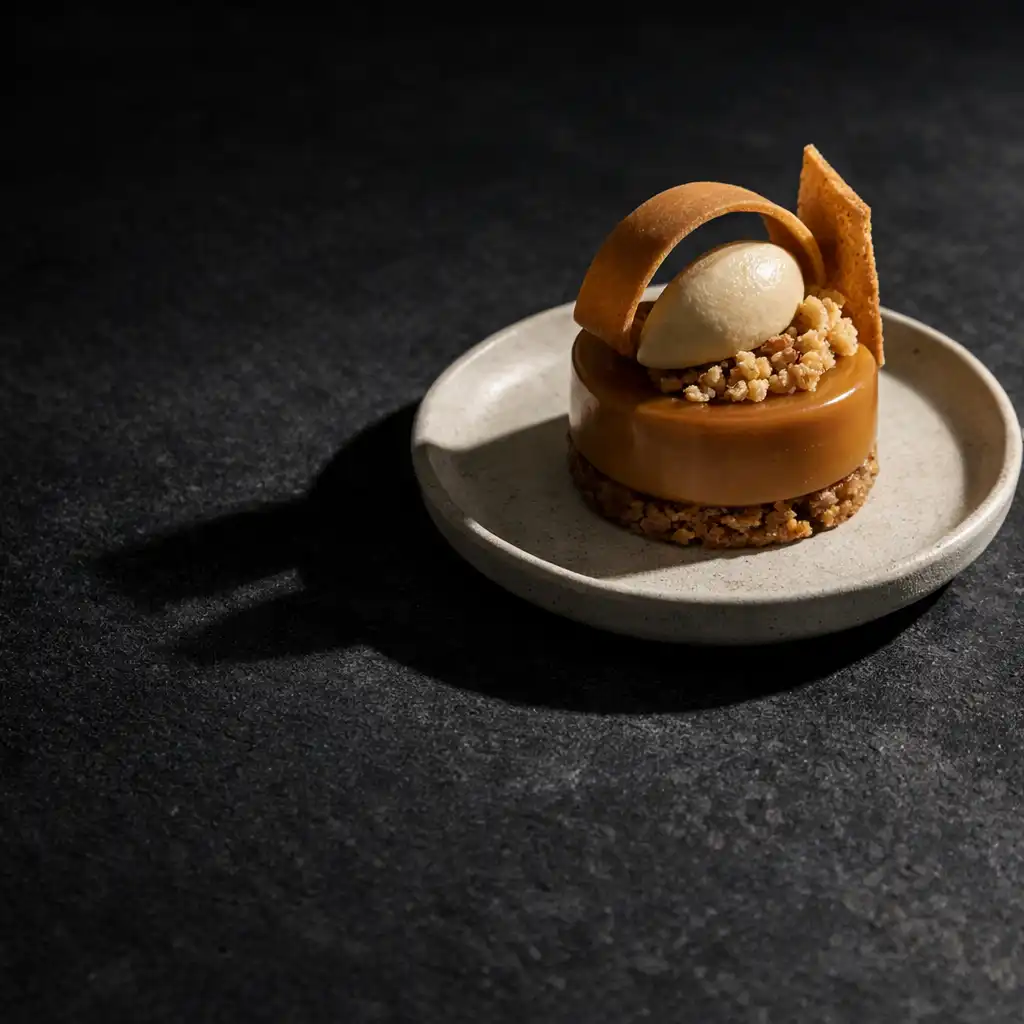 Skulpturales Dessert auf matter Keramik und dunkler Steinoberfläche